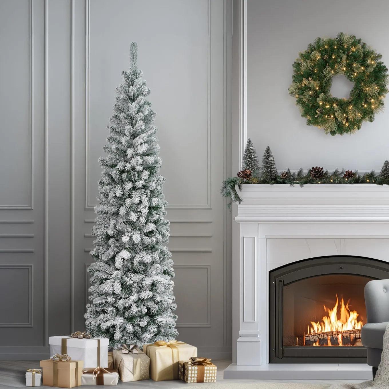 7.5 ft. Acacia Pencil Slim Flocked Tree