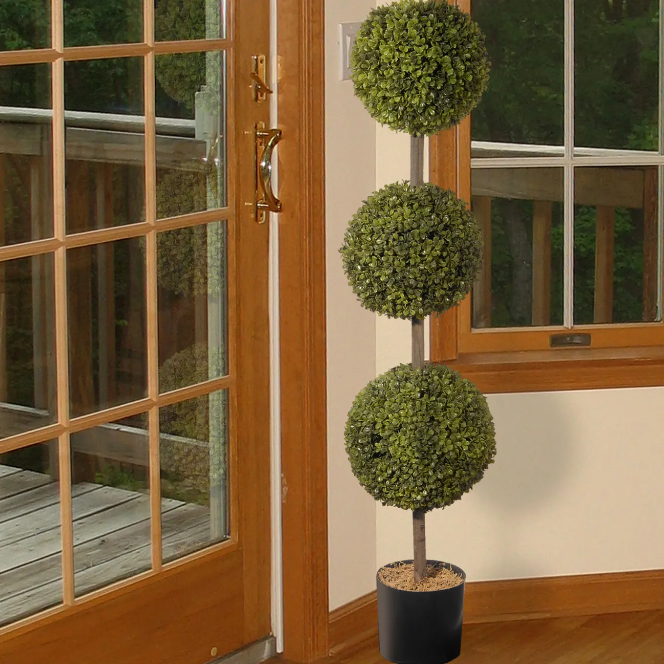 4 ft. Boxwood Three Ball Potted Topiary in a Black Pot Base