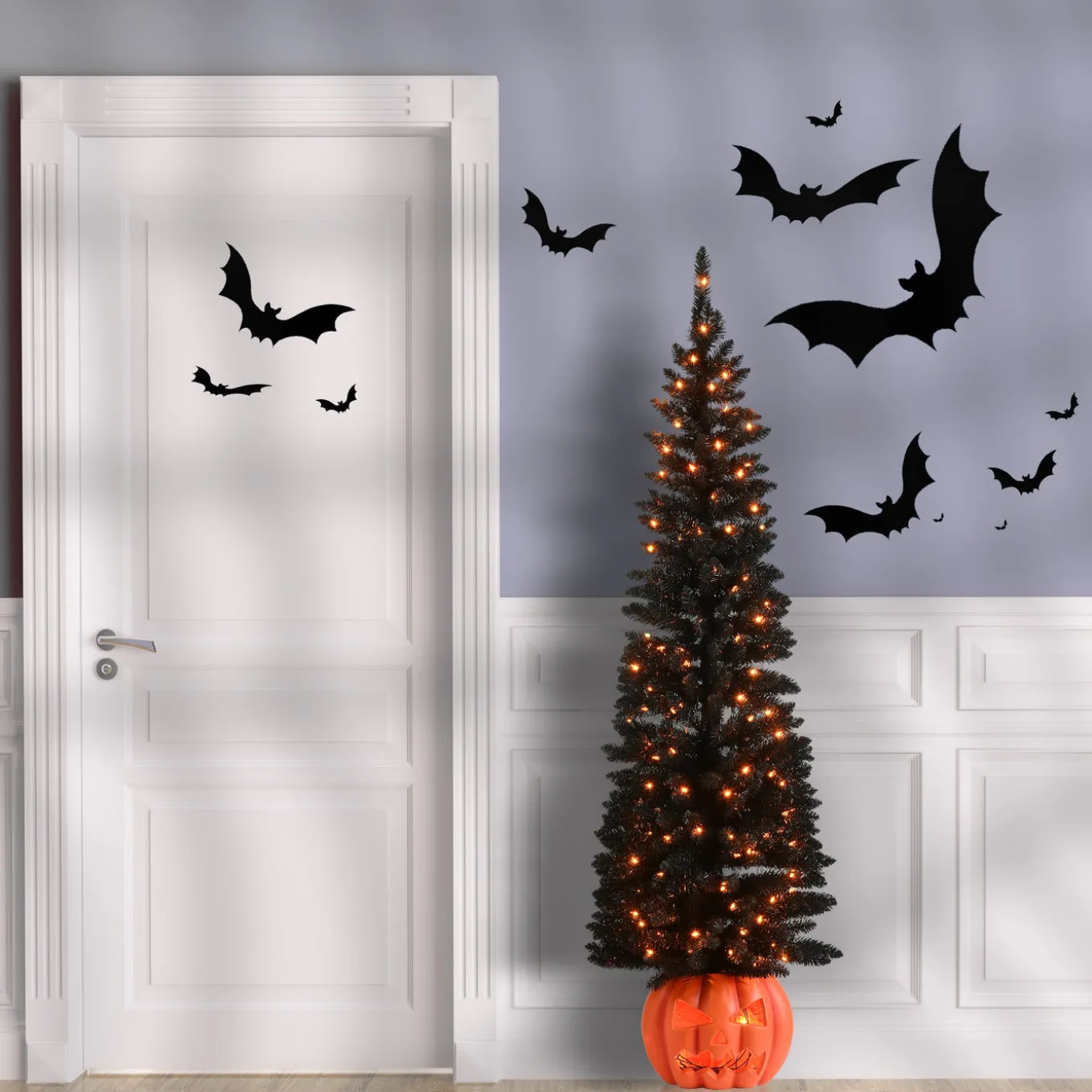 6 ft Halloween Pre-Lit Black Tree with LED Lights, Pumpkin Base