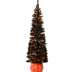 6 ft Halloween Pre-Lit Black Tree with LED Lights, Pumpkin Base