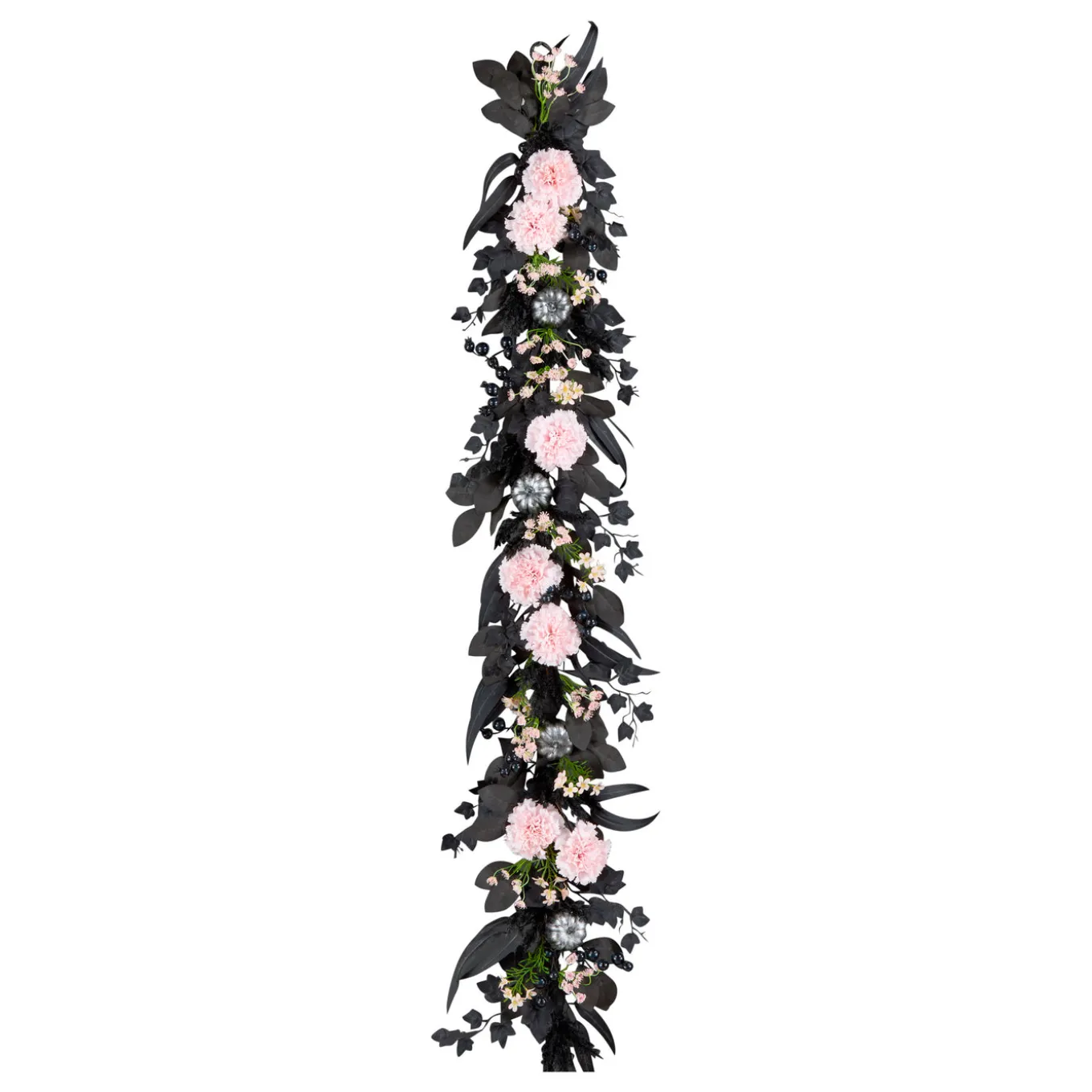 6 ft. Halloween Pretty Morbid Pink Carnation Wreath with Silver Pumpkins