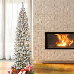 7.5 ft. Pre-Lit Acacia Pencil Slim Flocked Tree with Clear Lights