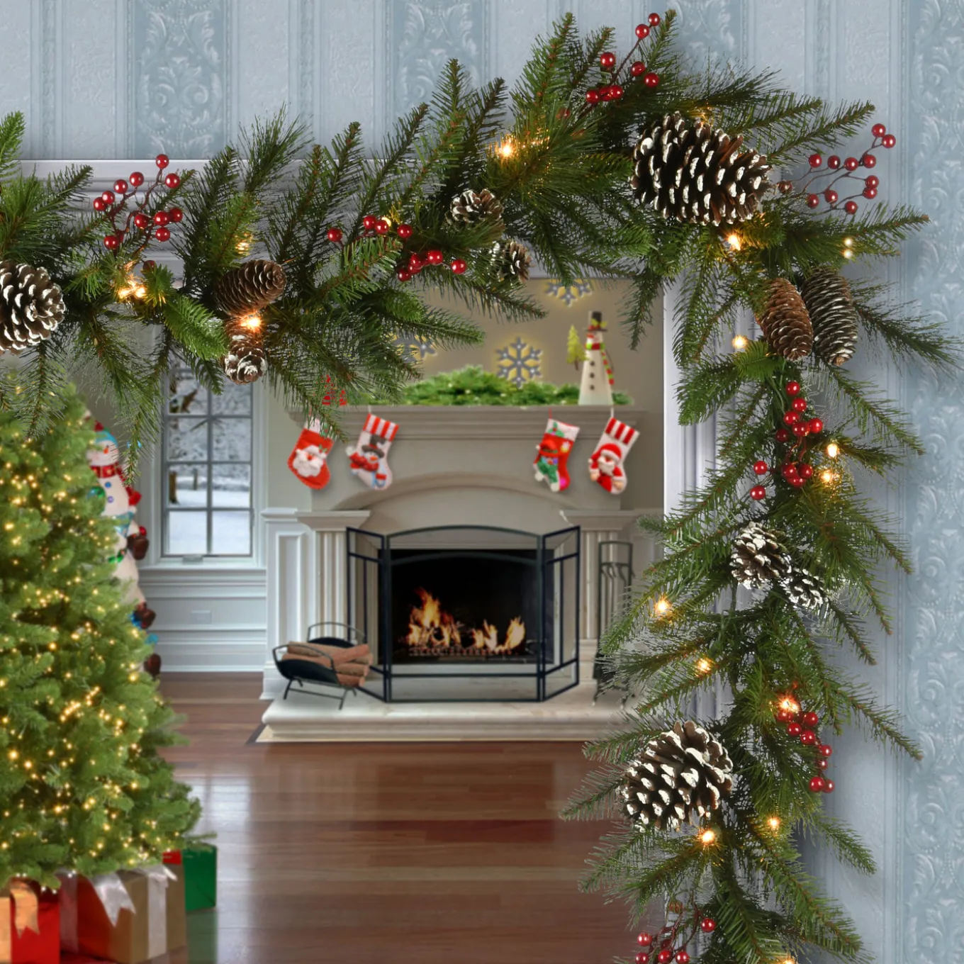 9 ft. Pre-Lit Bristle Berry Pine Garland with LED Lights