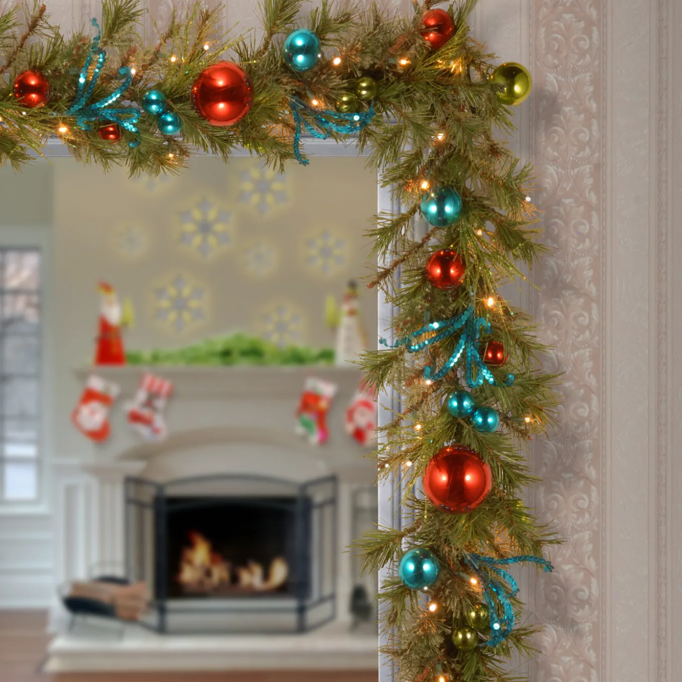 9 ft. Pre-Lit Decorative Collection Retro Garland with Warm White LED Lights