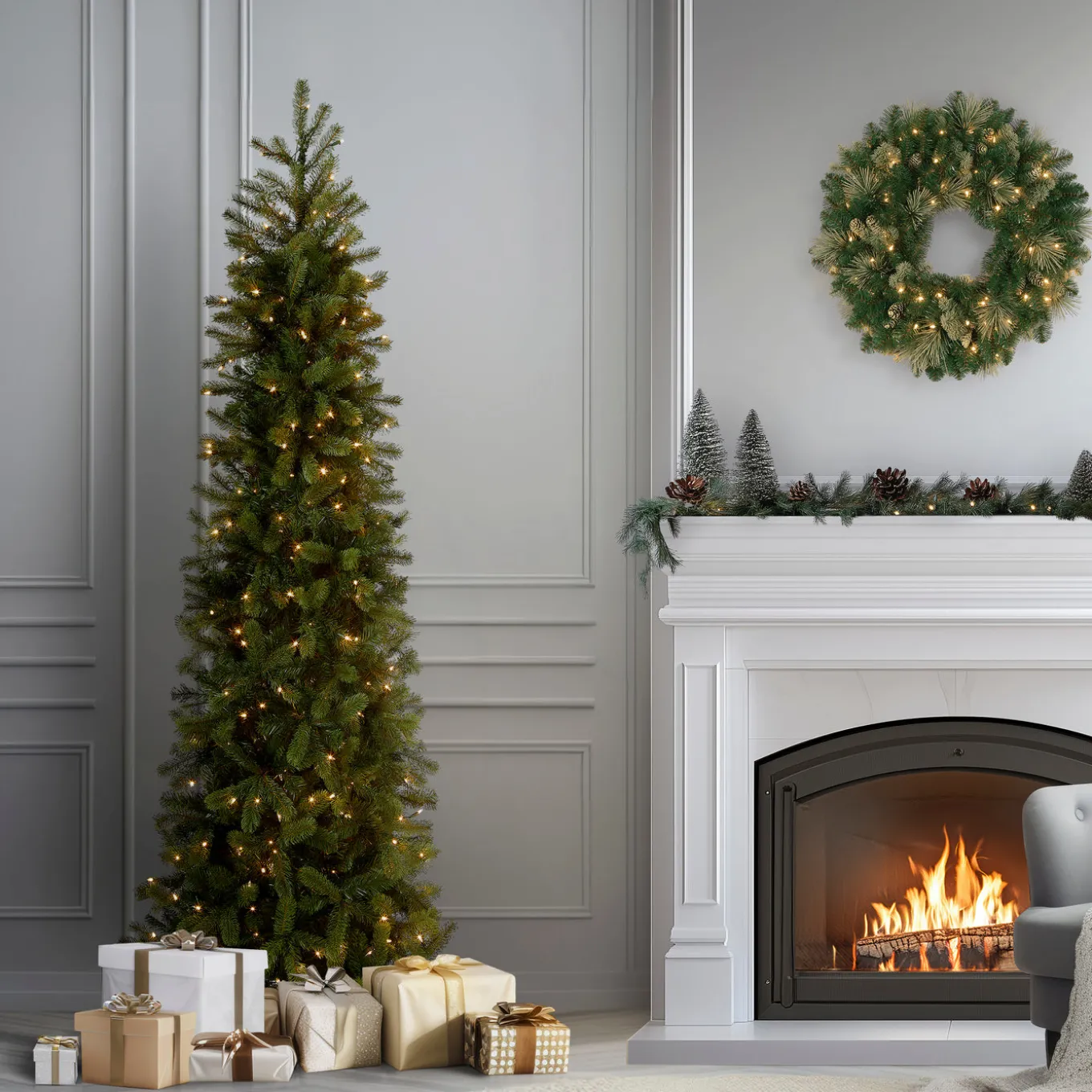6.5 ft. Pre-Lit Downswept Douglas Fir Pencil Slim Tree with Clear Lights