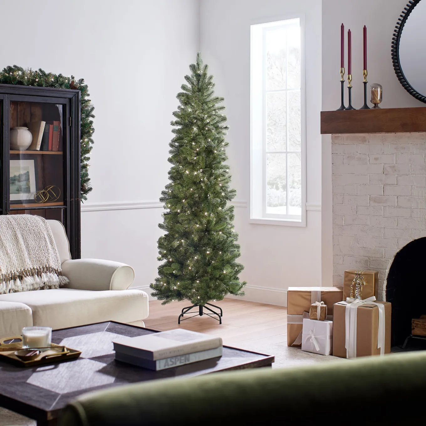 6.5 ft. Pre-Lit Downswept Douglas Fir Pencil Slim Tree with Clear Lights