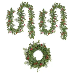 9 ft. Pre-Lit First Traditions Holly Berry Wreath and Garland Assortment