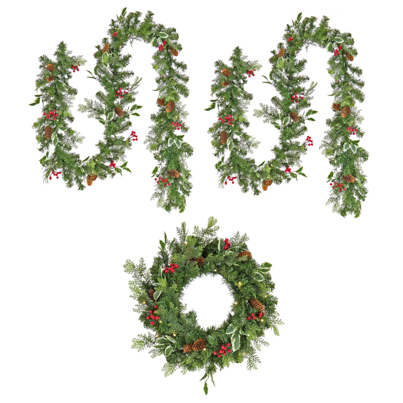 9 ft. Pre-Lit First Traditions Holly Berry Wreath and Garland Assortment