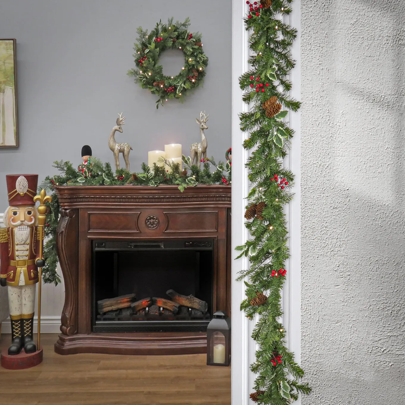 9 ft. Pre-Lit First Traditions Holly Berry Wreath and Garland Assortment