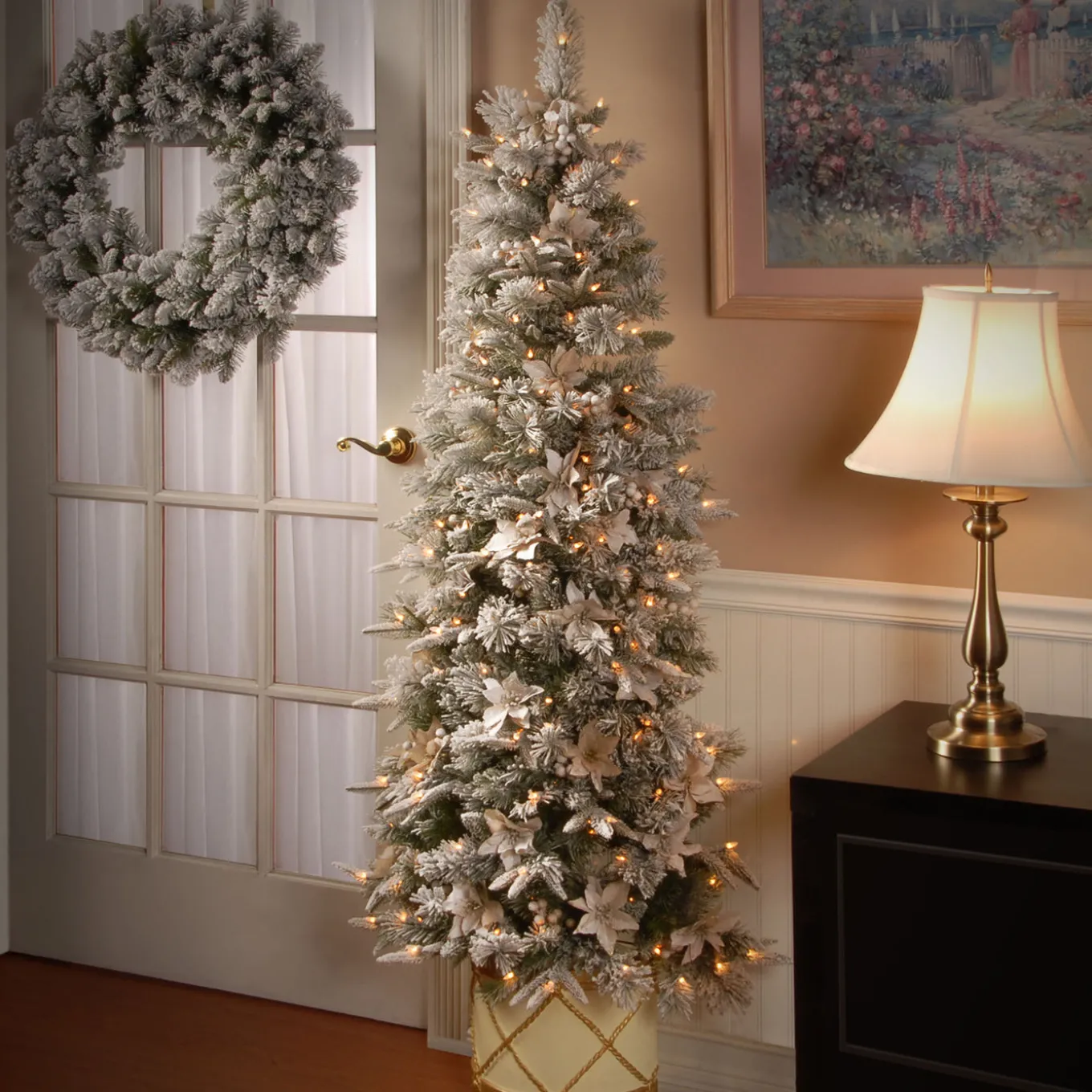 6 ft. Pre-Lit Frosted Colonial Slim Half Tree with Clear Lights