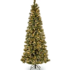 6.5 ft. Pre-Lit Glittery Bristle Pine Slim Tree with Warm White LED Lights