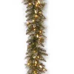 9 ft. Pre-Lit Glittery Bristle Pine Garland with Warm White LED Lights