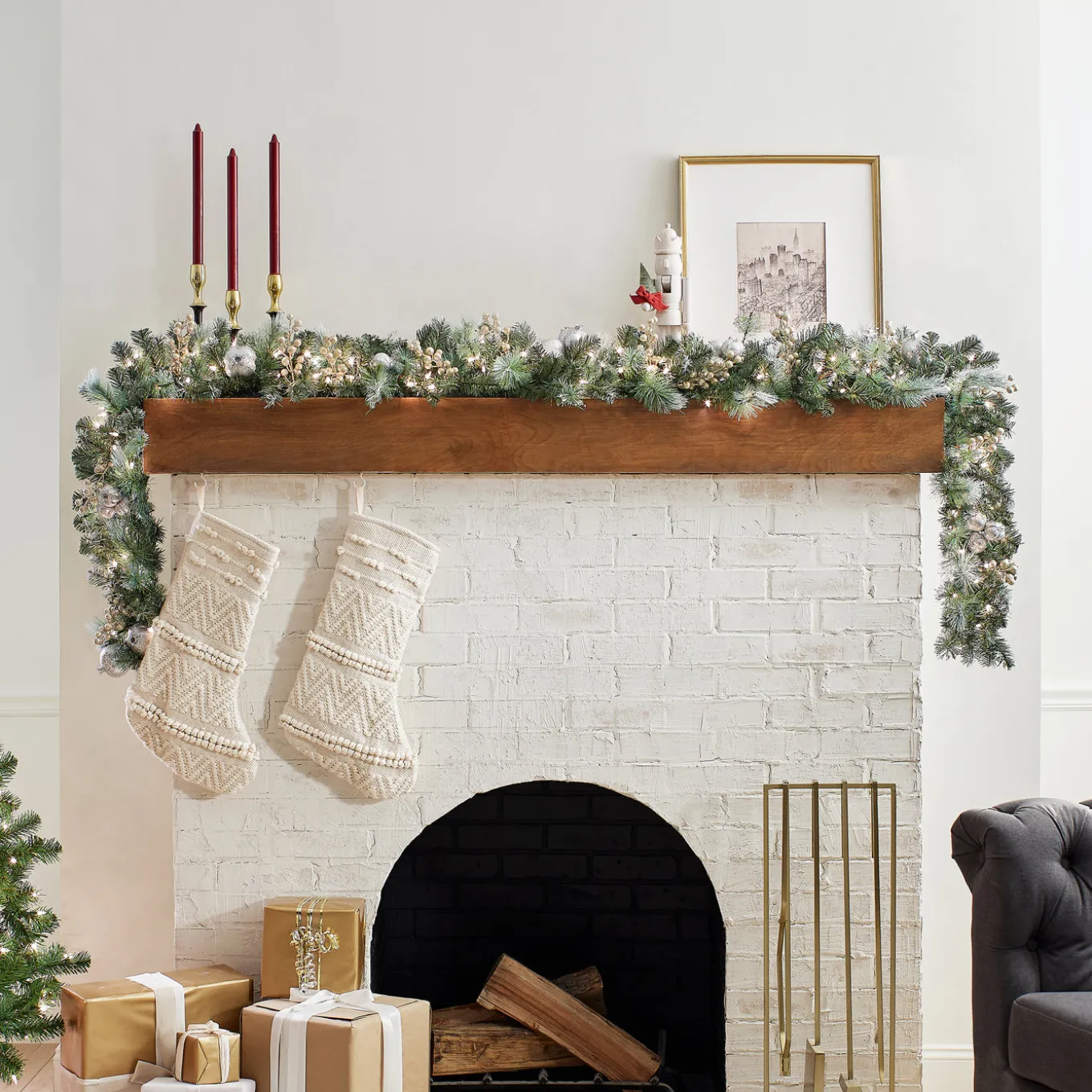 9 ft. Pre-Lit Glittery Pine Pomegranate Garland with Clear Lights