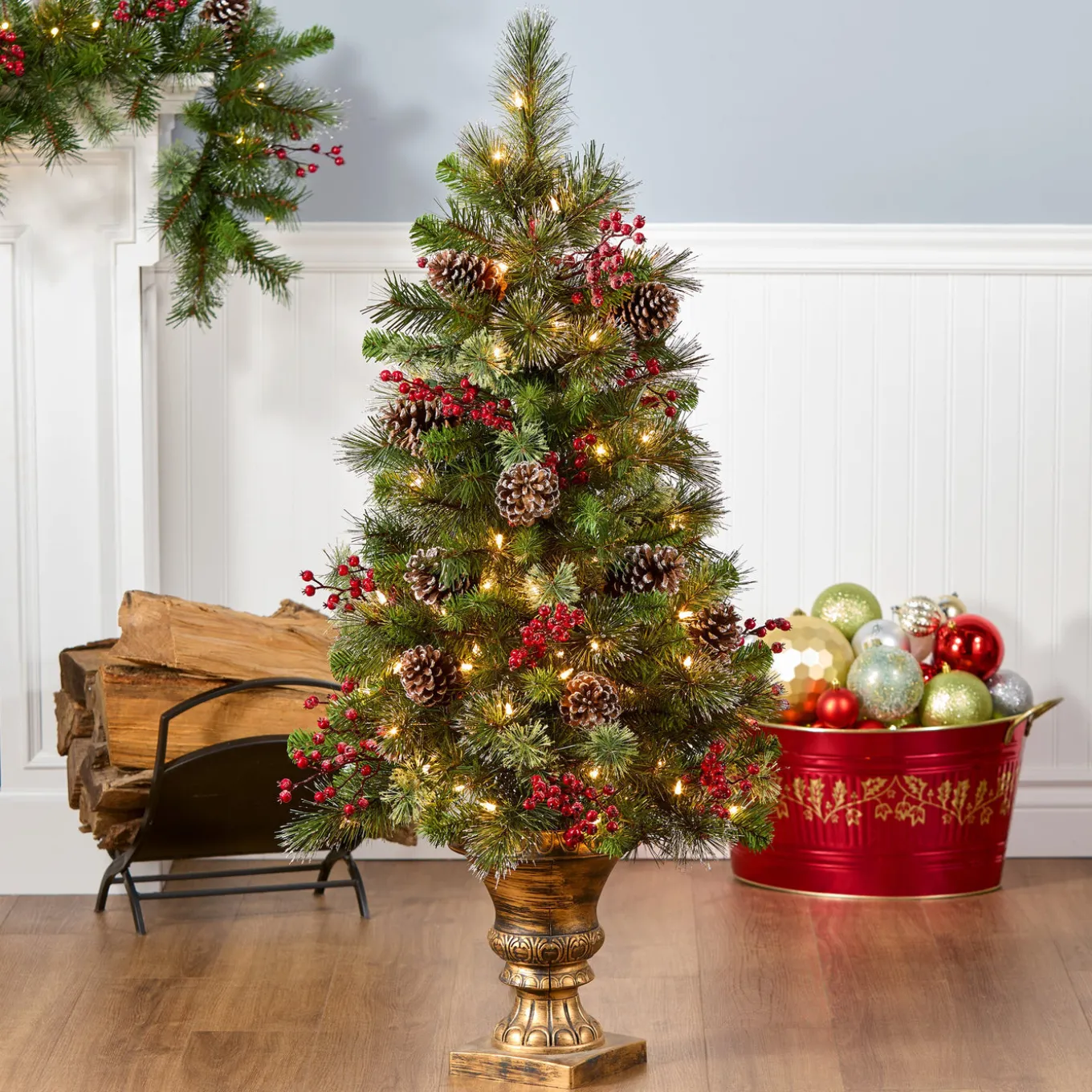 4 ft. Pre-Lit Iced Berry Pine Entrance Tree with Clear Lights