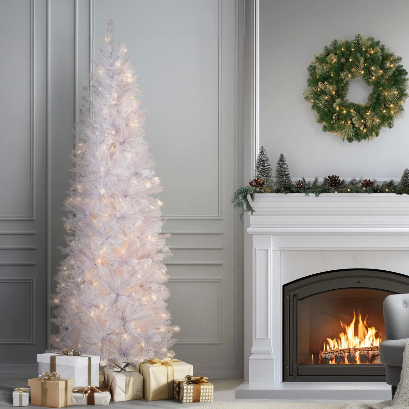 7 ft. Pre-Lit Kingswood Fir White Pencil Tree with Clear Lights