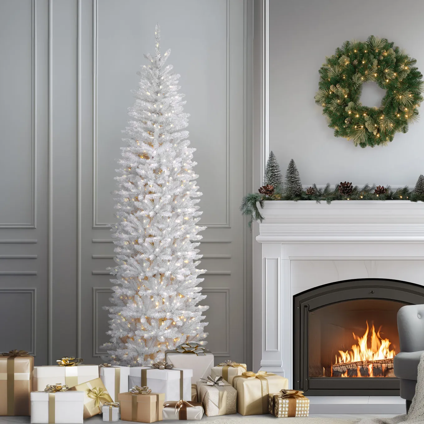 7.5 ft. Pre-Lit Kingswood Fir White Pencil Tree with Clear Lights