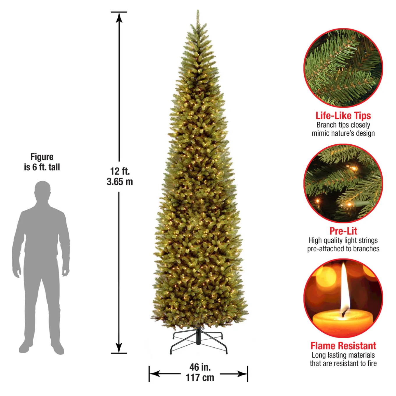 12 ft. Pre-Lit Kingswood Fir Pencil Slim Tree with Clear Lights