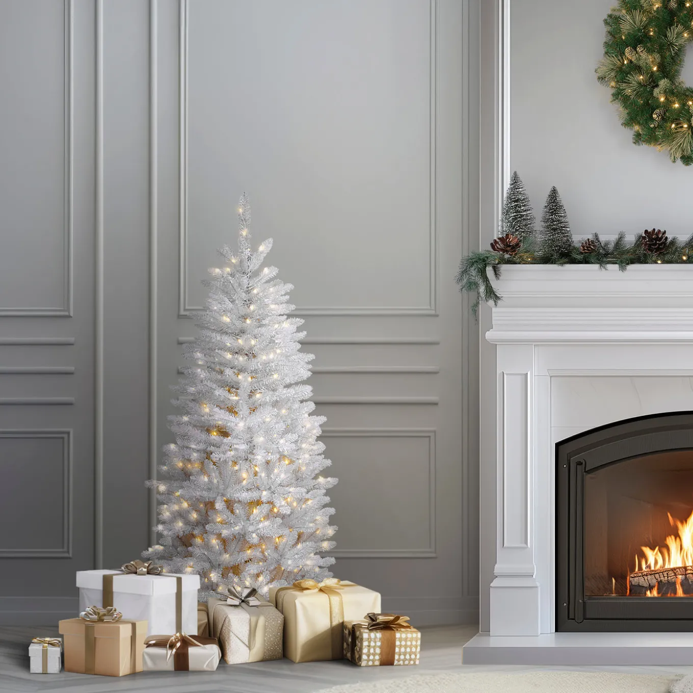 4.5 ft. Pre-Lit Kingswood Fir White Pencil Tree with Clear Lights