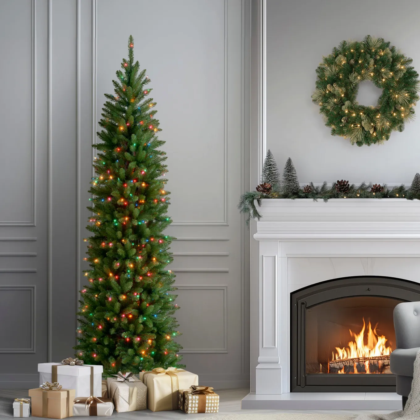 7.5 ft. Pre-Lit Kingswood Fir Pencil Tree with Multicolor Lights