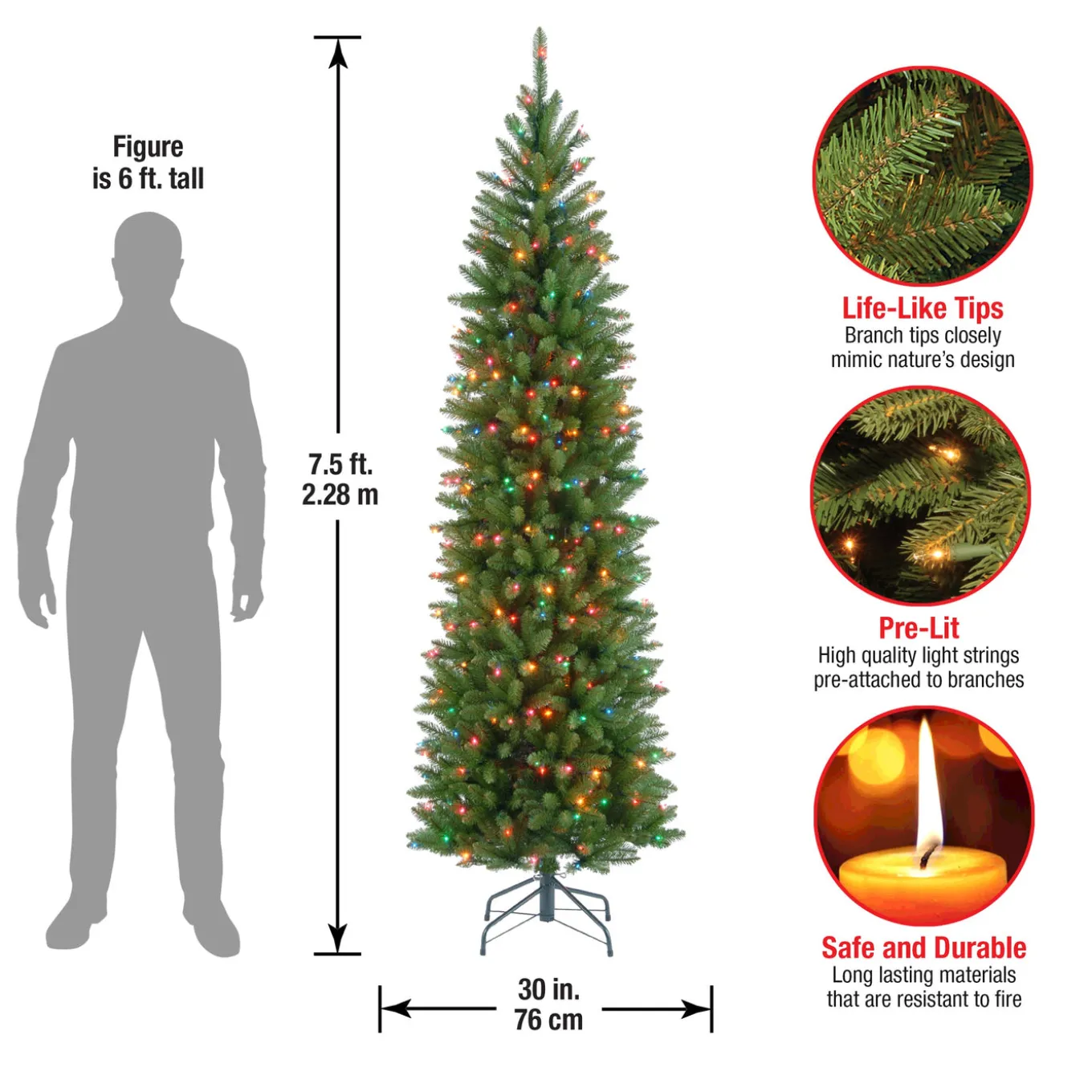 7.5 ft. Pre-Lit Kingswood Fir Pencil Tree with Multicolor Lights