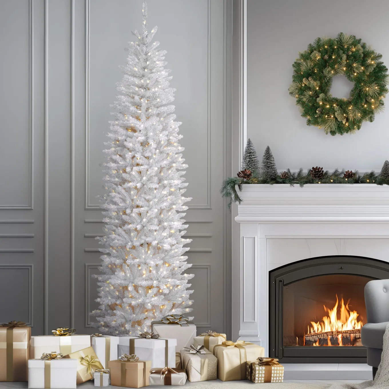 9 ft. Pre-Lit Kingswood Fir White Pencil Tree with Clear Lights