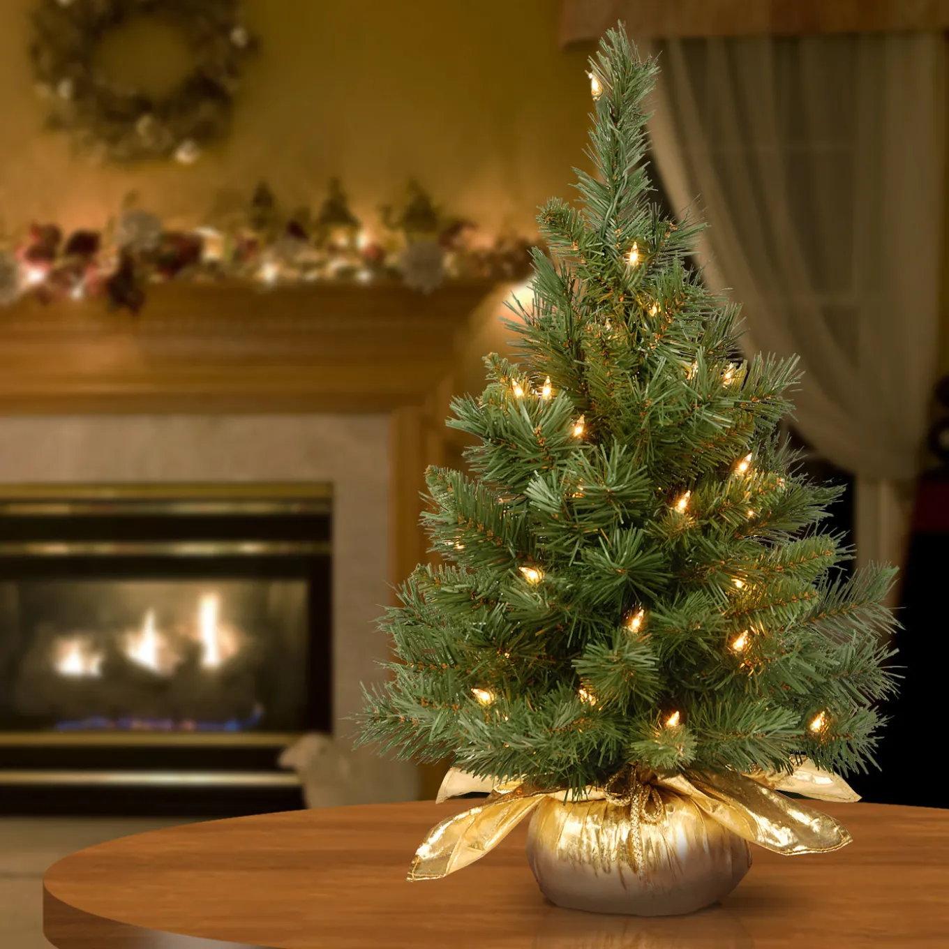 2 ft. Pre-Lit Majestic Fir Tree with Clear Lights, Gold Base