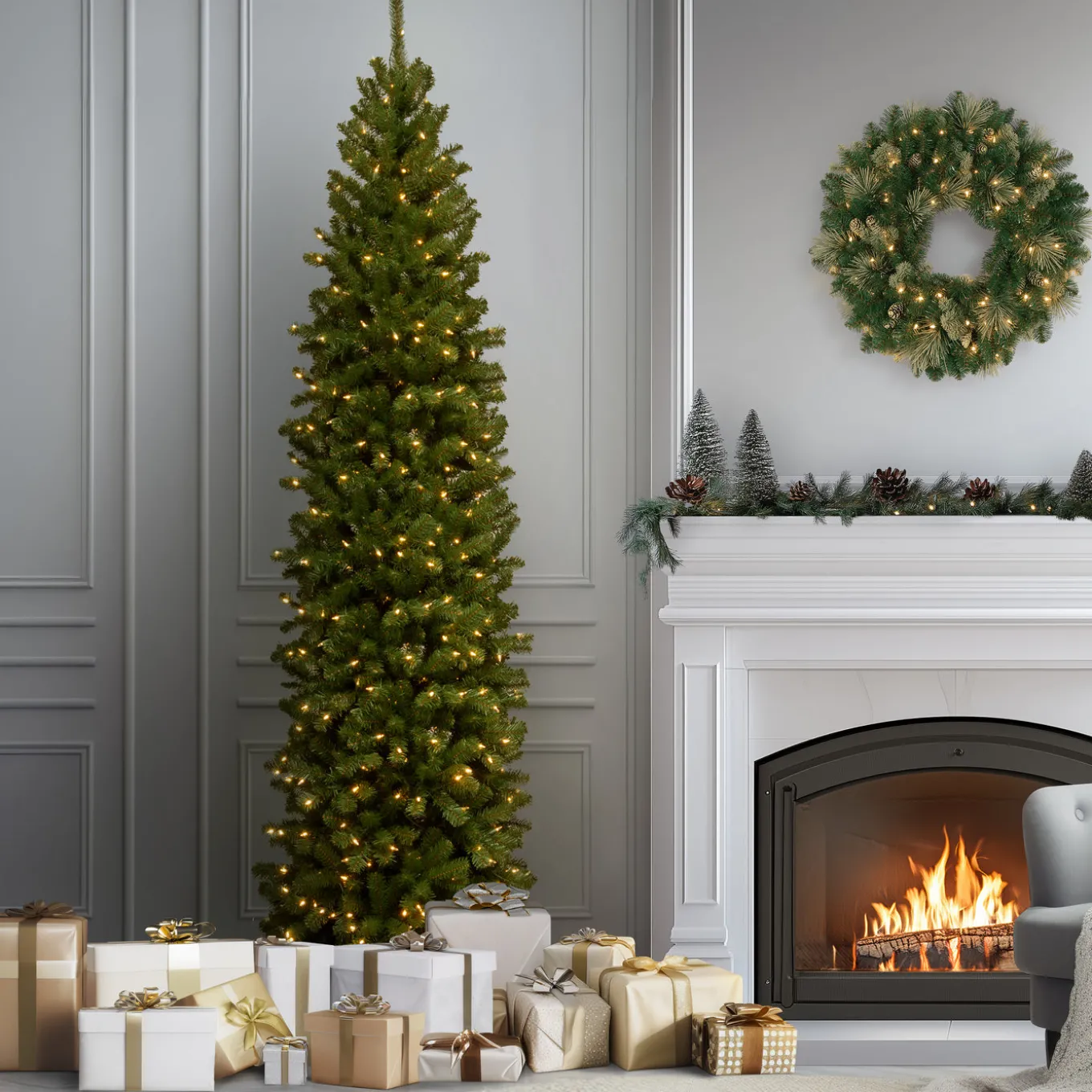 10 ft. Pre-Lit North Valley Spruce Pencil Slim Tree with Clear Lights