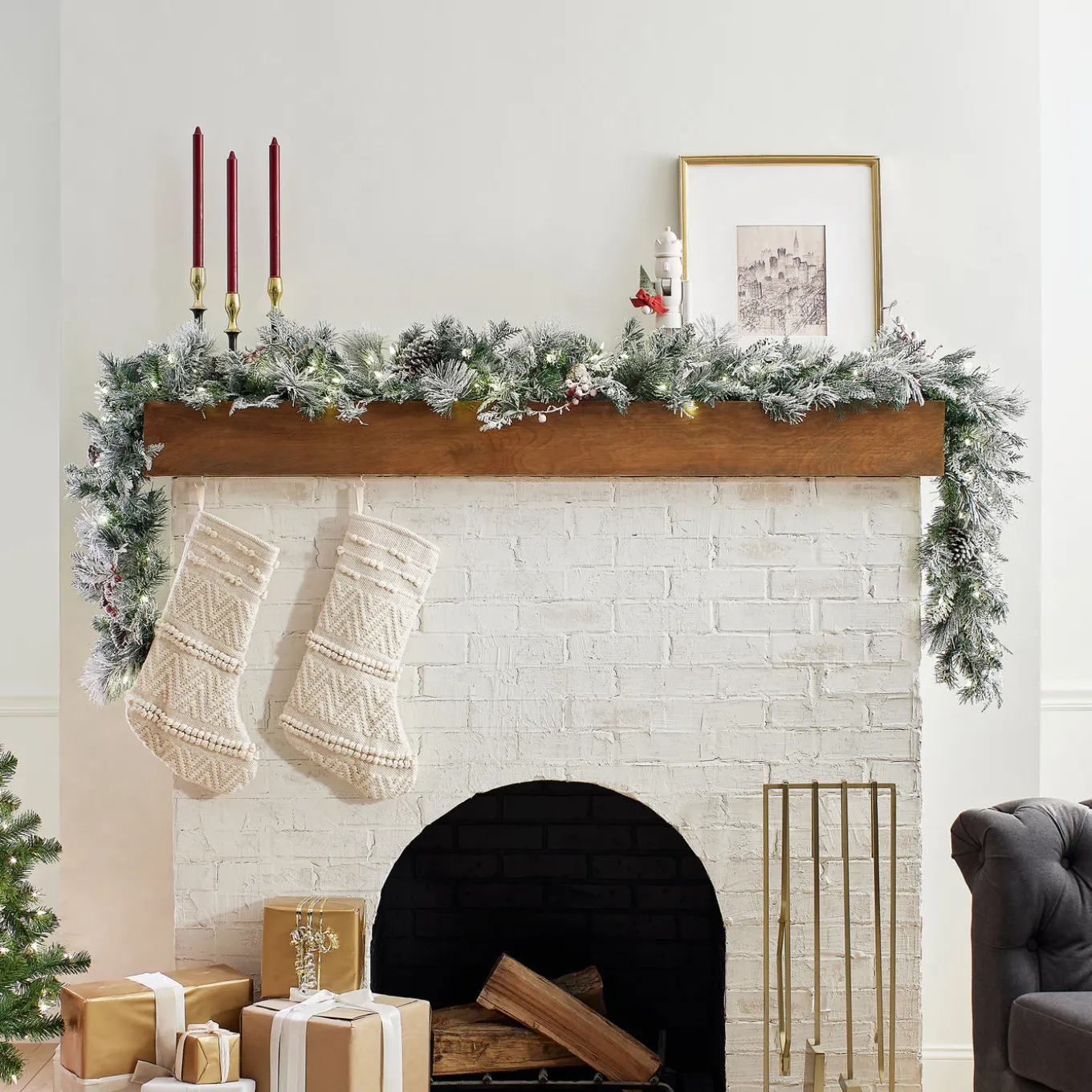 9 ft. Pre-Lit Snowy Bedford Pine Garland with LED Lights