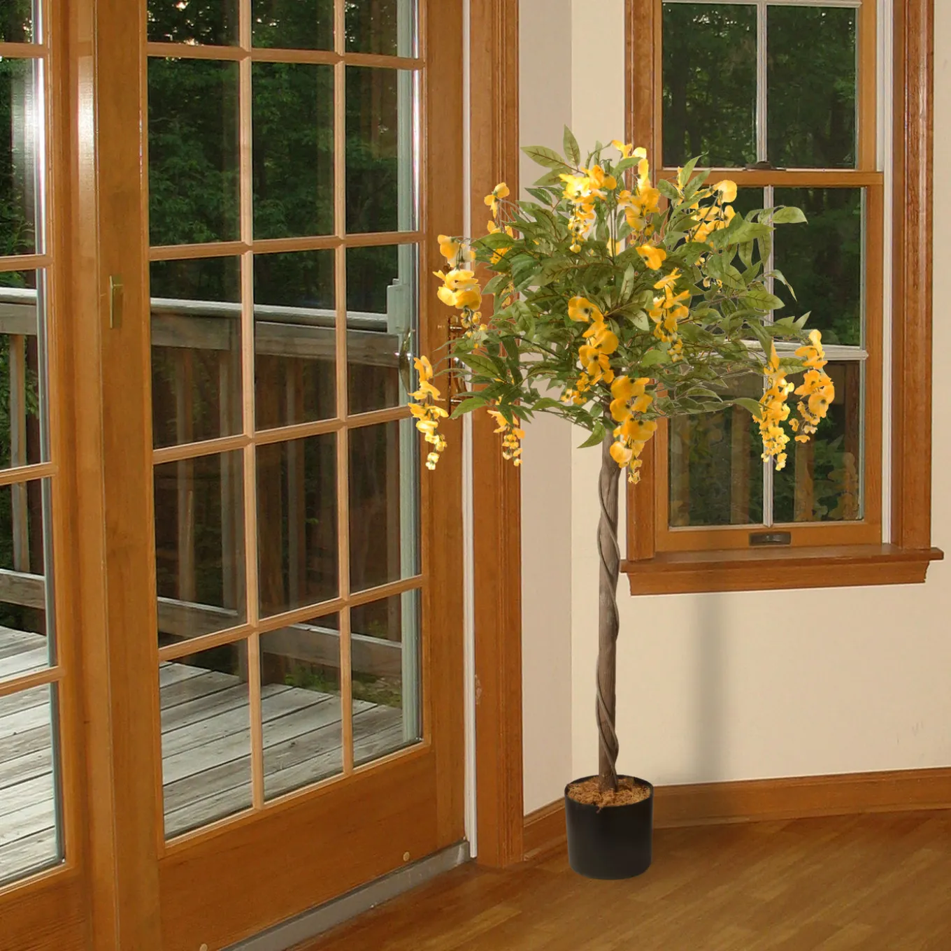 4 ft. Spring Wisteria Potted Tree with Yellow Flower Blooms in a Black Pot Base