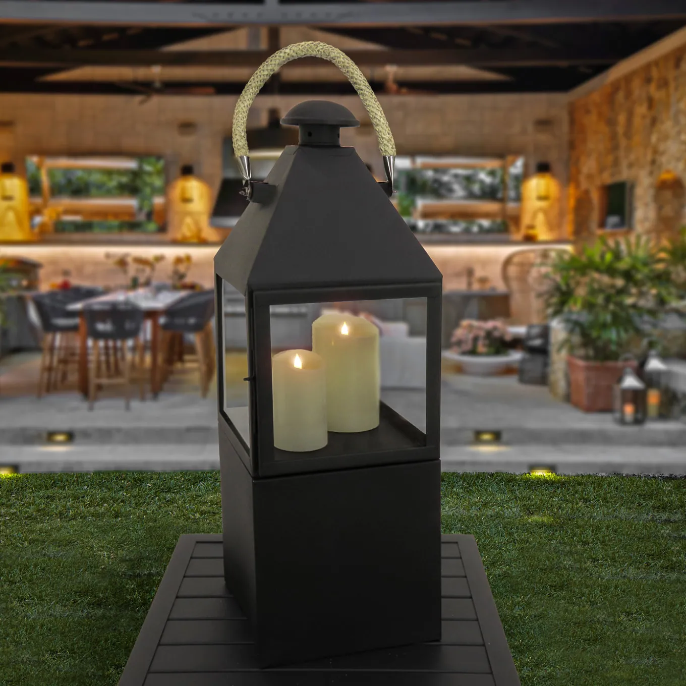 29 in. Matte Black Finish Enclosed Glass Outdoor Lantern Candleholder
