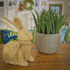 9 in. Braided Bunny Table Decoration Decorated with Woven Ribbon