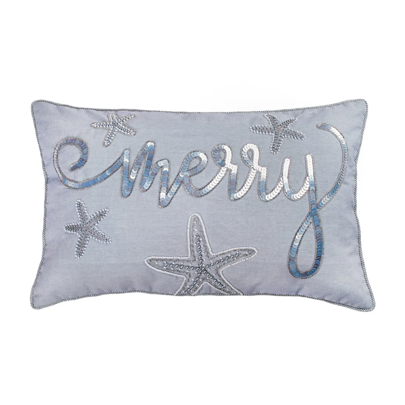 14 in by 22 in. Coastal Merry Embroidered Pillow, Blue, Silver