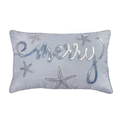 14 in by 22 in. Coastal Merry Embroidered Pillow, Blue, Silver