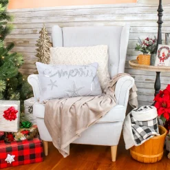 14 in by 22 in. Coastal Merry Embroidered Pillow, Blue, Silver