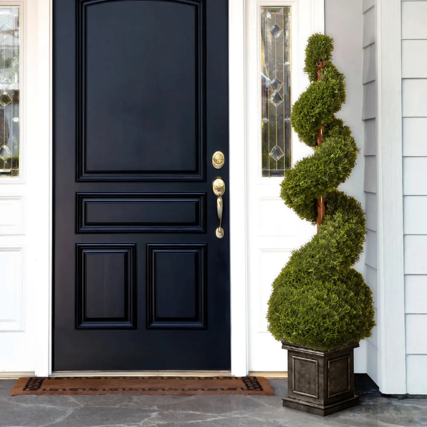 48 in. Cedar Spiral Topiary Tree with Ball in a Black Square Pot