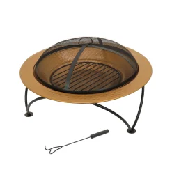 33 in. Copper Finish Hammered Steel Outdoor Fire Pit with Black Stand, Cover, Fire Poker
