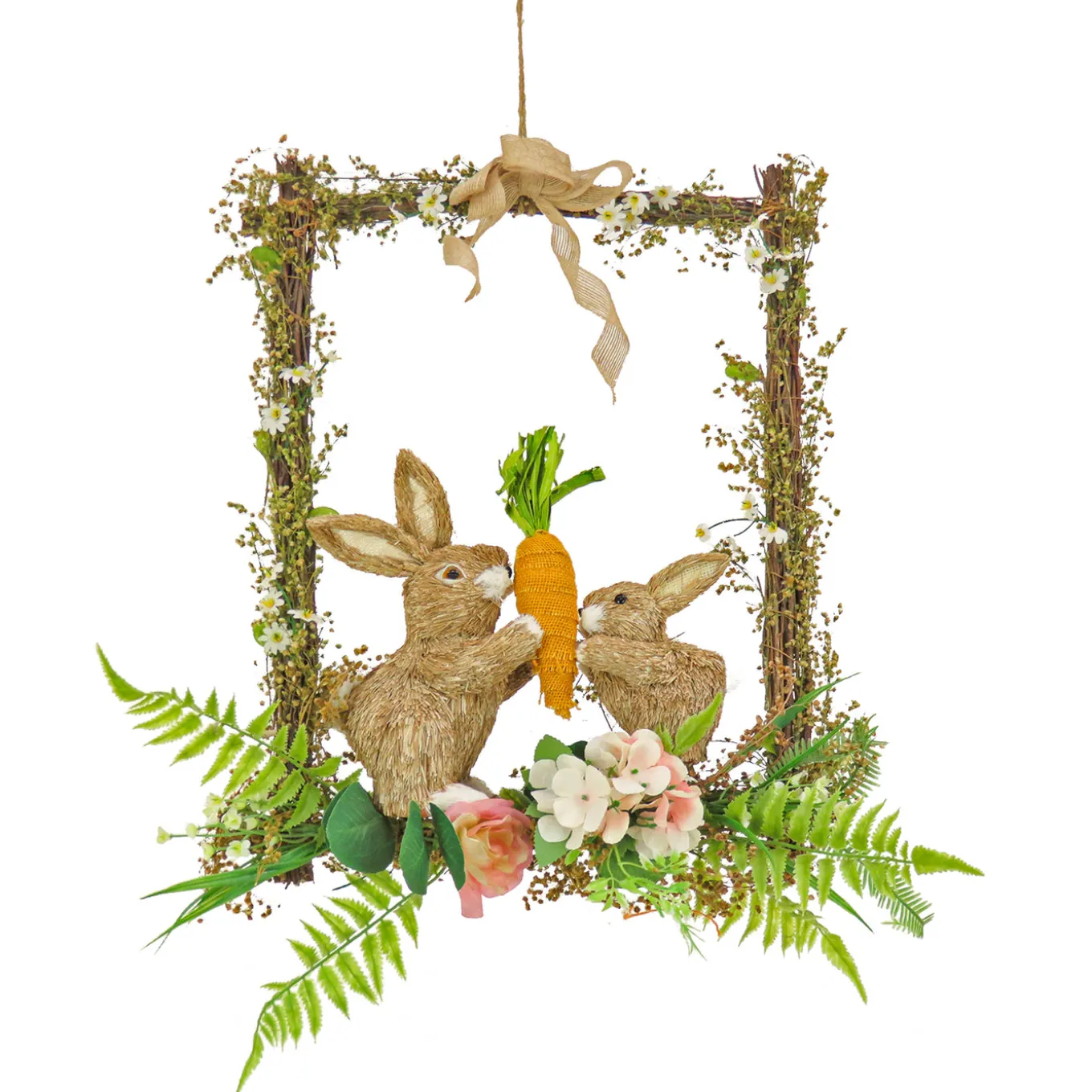 14 in. Easter Bunnies Hanging Wall Decoration Decorated with Two Bunnies, Carrots, Flower Blooms, Leafy Greens