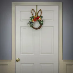 17 in. Easter Bunny Shaped Hanging Wreath Decorated with Colorful Flower Blooms, Berry Clusters, Leafy Greens