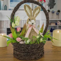 17 in. Easter Bunny Sitting in Basket of Flowers Table Decoration
