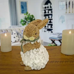 10 in. Easter Bunny Table Decoration Decorated with White Flower Blooms Basket