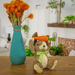 9 in. Easter Bunny with Carrot Table Decoration Decorated with Checkered Green Bow