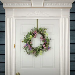 22 in. Easter Wreath Decorated with Purple Pastel Eggs, Pink Flowers, Leafy Greens