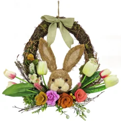 16 in. Easter Wreath Decorated with Multicolor Flower Blooms, Tulips, Leafy Greens, Bunny Head