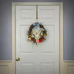 16 in. Easter Wreath Decorated with Multicolor Flower Blooms, Leafy Greens, Bunny Head