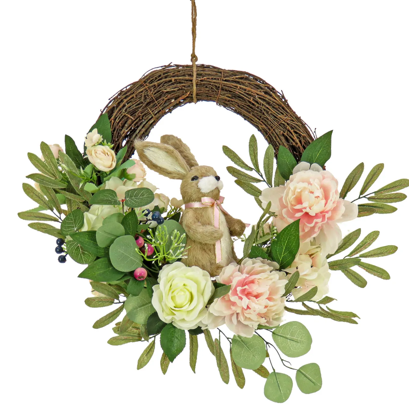 18 in. Easter Wreath Decorated with Pastel Flower Blooms, Bunny, Leafy Greens