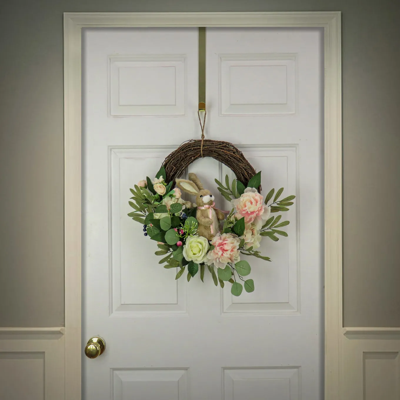 18 in. Easter Wreath Decorated with Pastel Flower Blooms, Bunny, Leafy Greens