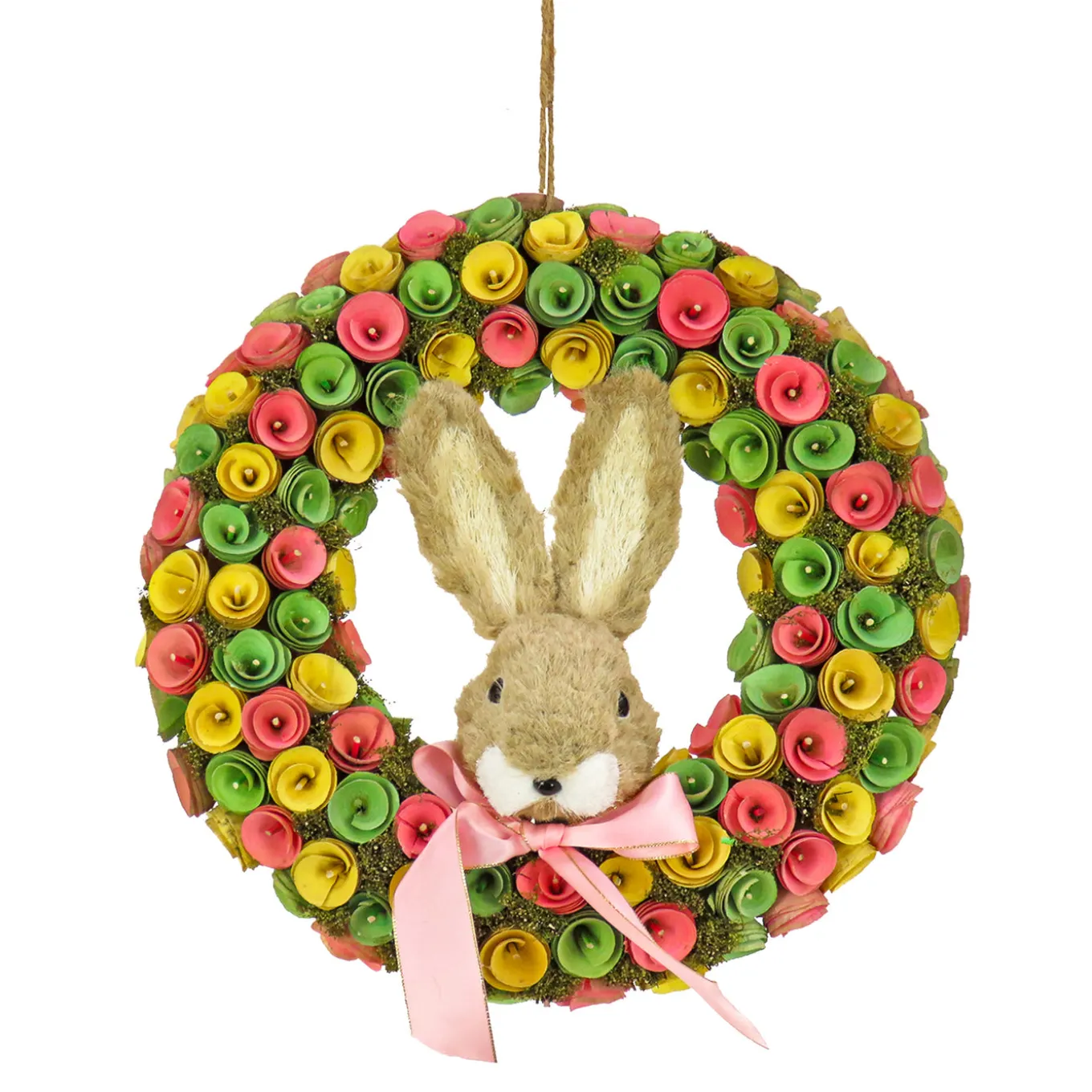 16 in. Easter Wreath Decorated with Colorful Flower Blooms, Bunny Head