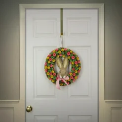 16 in. Easter Wreath Decorated with Colorful Flower Blooms, Bunny Head