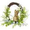 16 in. Easter Wreath Decorated with Wooden Bunny, Blue Flower Blooms, Pastel Eggs, Berries