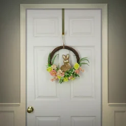 16 in. Easter Wreath Decorated with Pastel Flower Blooms, Bunny, Leafy Greens